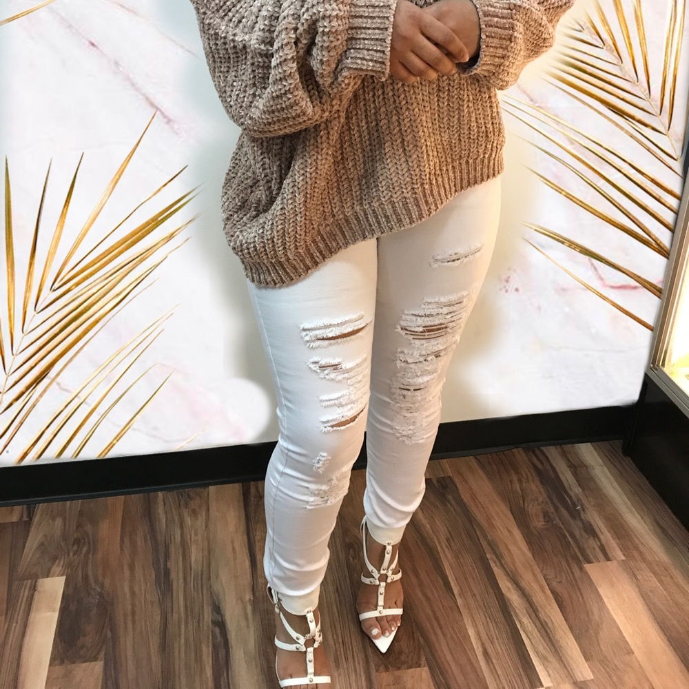 ‼️ White Ripped Stretch Denim Jean Distress - Picture 2 of 8
